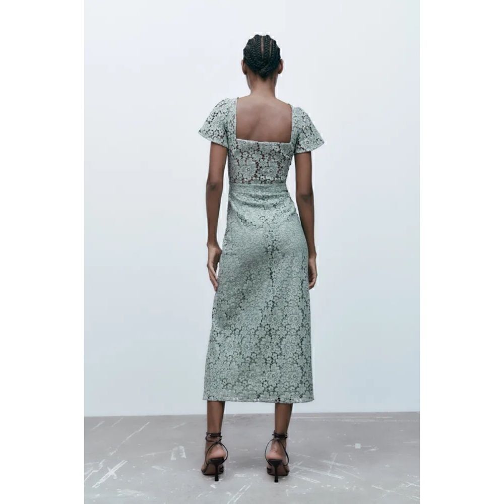NWT Zara Green Lace V-Neck Short Sleeve Front Slit Hem Midi Dress, Size Small - Picture 6 of 16